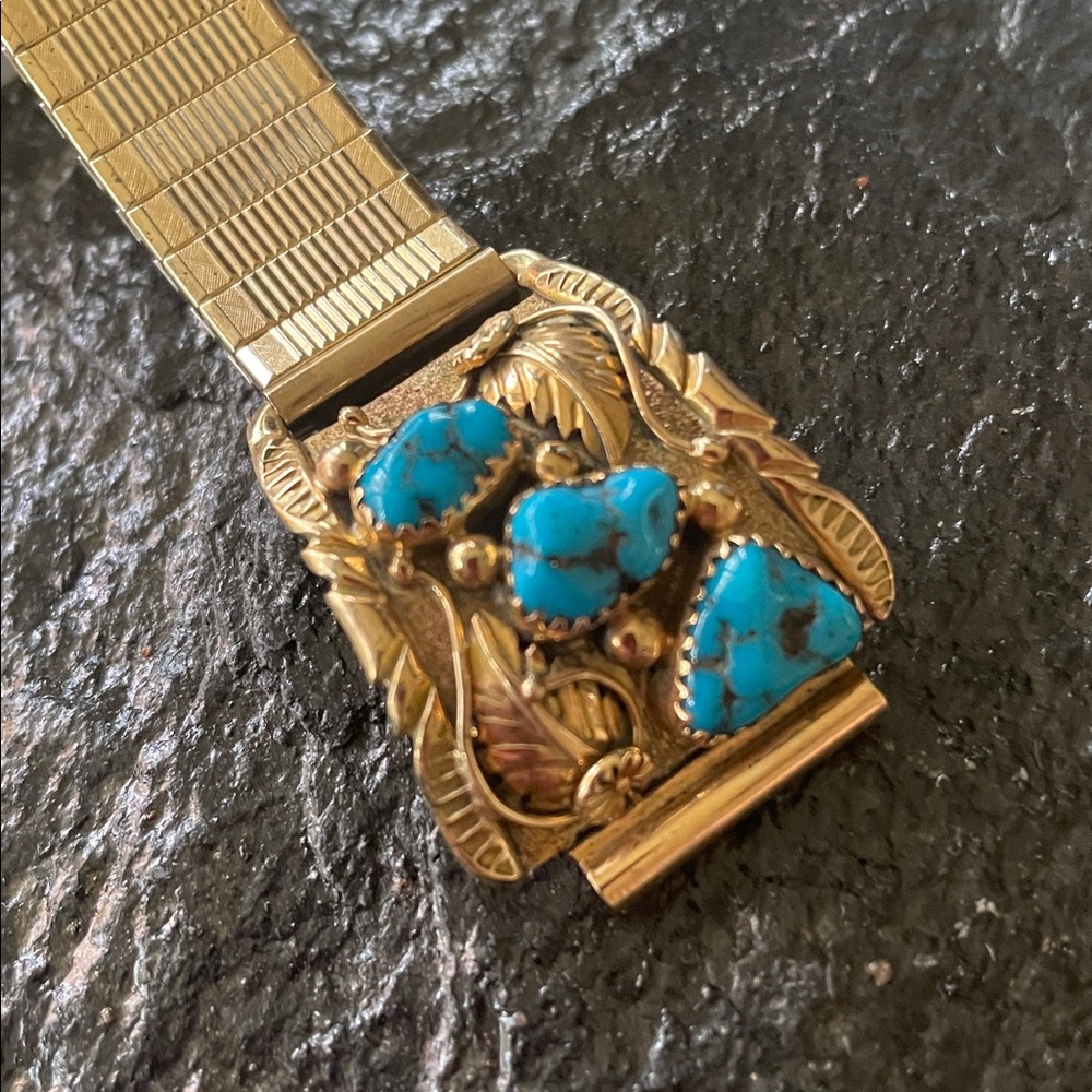 Gold 14K Native American Turquoise Vintage Watch Tips signed Walley - Picture 2 of 15